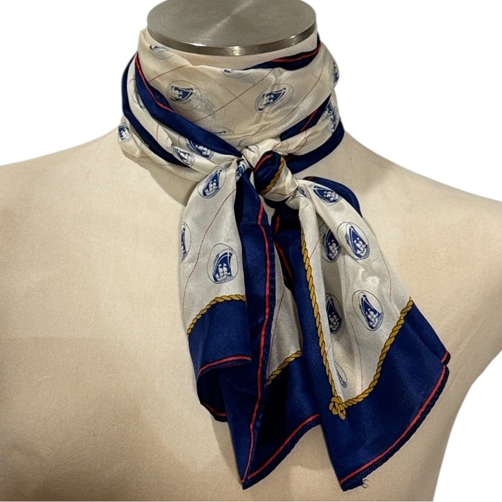 Vintage Nautical Sail Ship Long Scarf 48” Maritime Coastal Blue Red Rope Border
